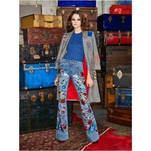 Alice + Olivia Ryley Floral Embroidered Bell Jeans Vintage Wash